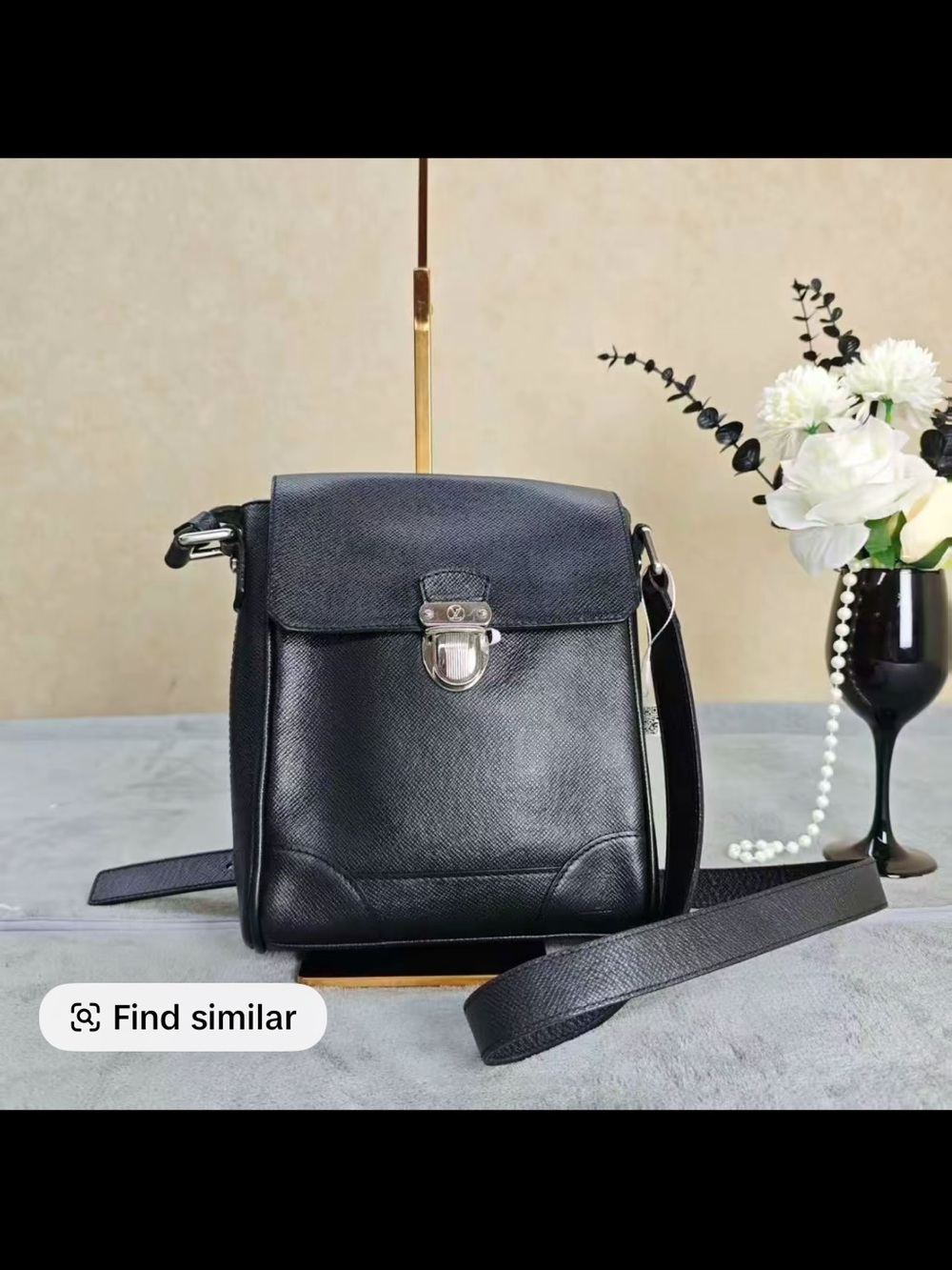 Louis Vuitton Black Leather Messenger Bag with Silver Hardware